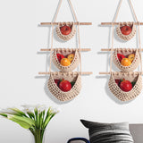 Three-layer cotton rope style Bohemian Hanging Fruit Basket – Wall-Mounted Woven Storage Net Pocket for Kitchen & Home Decor - Front View