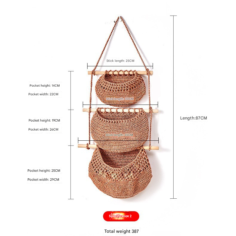 Three-layer braided rope style Bohemian Hanging Fruit Basket – Wall-Mounted Woven Storage Net Pocket for Kitchen & Home Decor