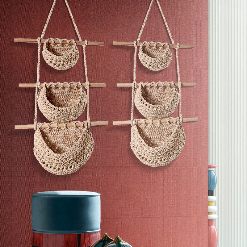 Three-layer braided rope style Bohemian Hanging Fruit Basket – Wall-Mounted Woven Storage Net Pocket for Kitchen & Home Decor