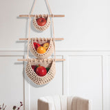Three-layer hemp rope style Bohemian Hanging Fruit Basket – Wall-Mounted Woven Storage Net Pocket for Kitchen & Home Decor