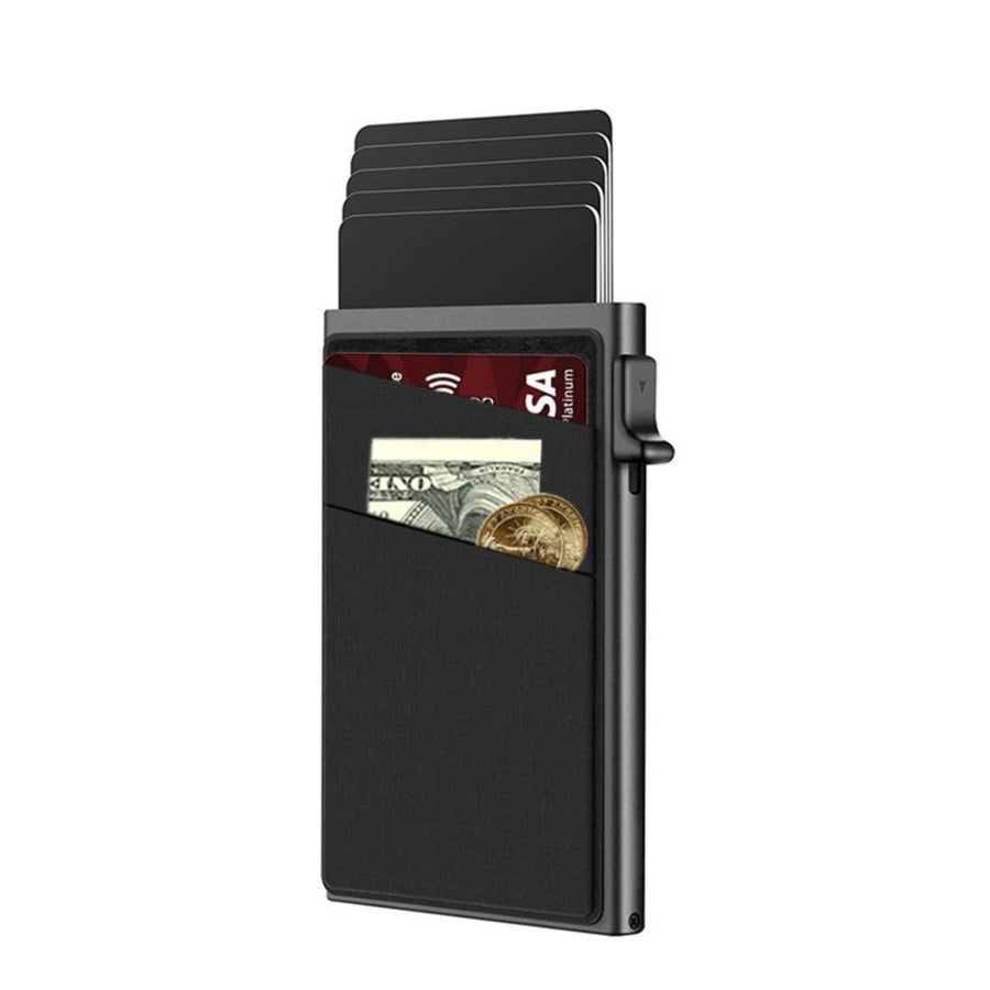 Black Ultra-Slim RFID Blocking Pop-Up Wallet - Automatic Card Holder with Metal Case & Secure Screw Base