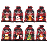 Red checkered Christmas Gift Drawstring Bags Set - Festive Burlap Style Pouches for Candy & Apples - Holiday Decoration - 10 Pcs