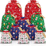 Brown Christmas Gift Drawstring Bags Set - Festive Burlap Style Pouches for Candy & Apples - Holiday Decoration - 10 Pcs - Front View