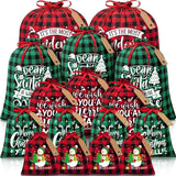 Red flannel Christmas Gift Drawstring Bags Set - Festive Burlap Style Pouches for Candy & Apples - Holiday Decoration - 10 Pcs - Side View
