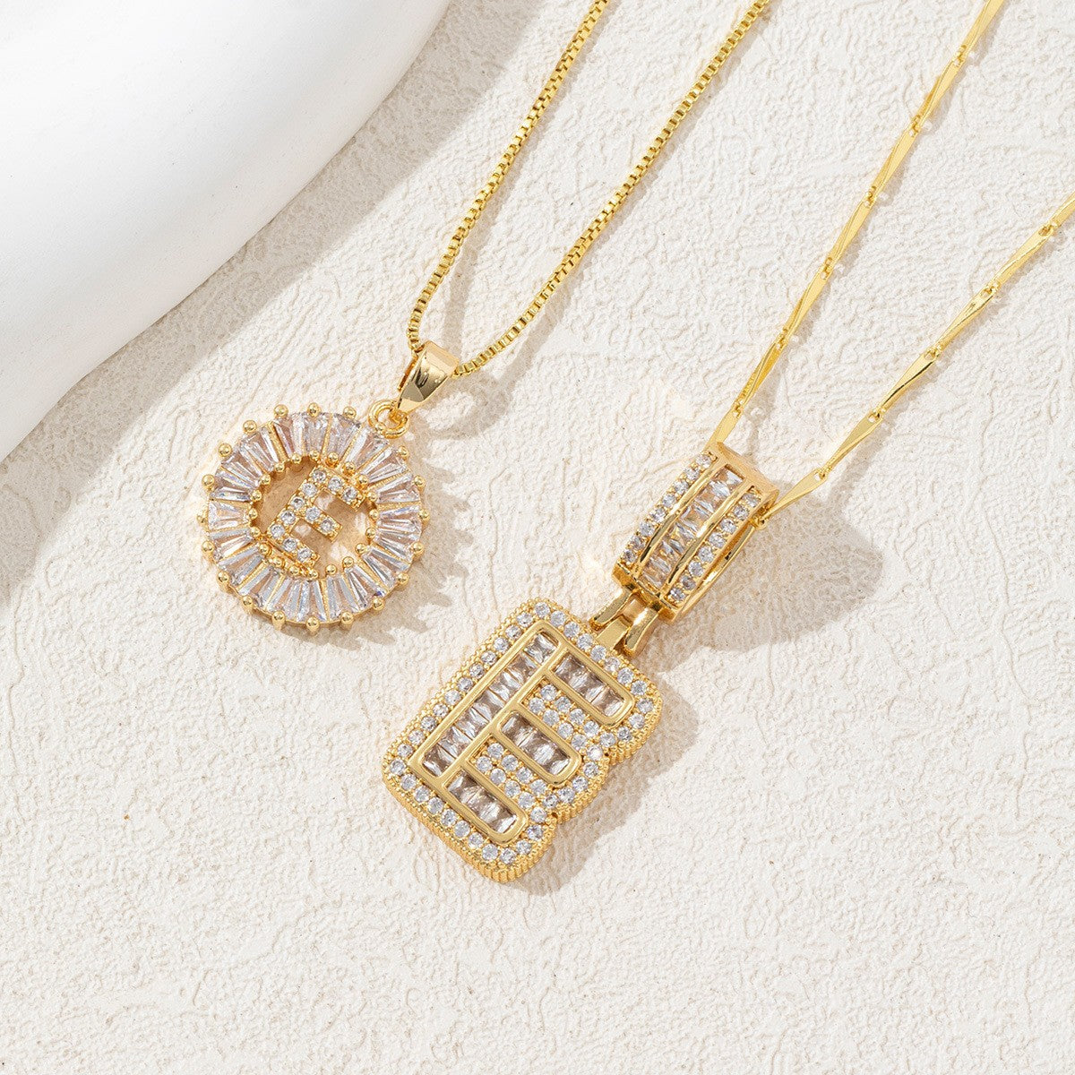 Sparkling Cubic Zirconia Initial Letter Necklace Set - Gold Plated Two-Piece Design(E)