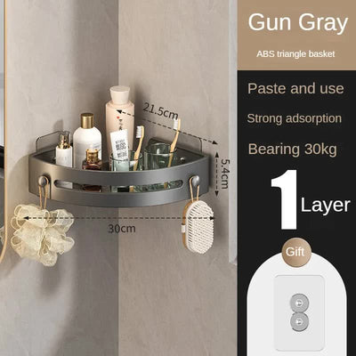 Gun grey Premium No-Drill Corner Shower Caddy - Thickened ABS Bathroom Storage Shelf with Hooks, Quick Wall Mount Organiser