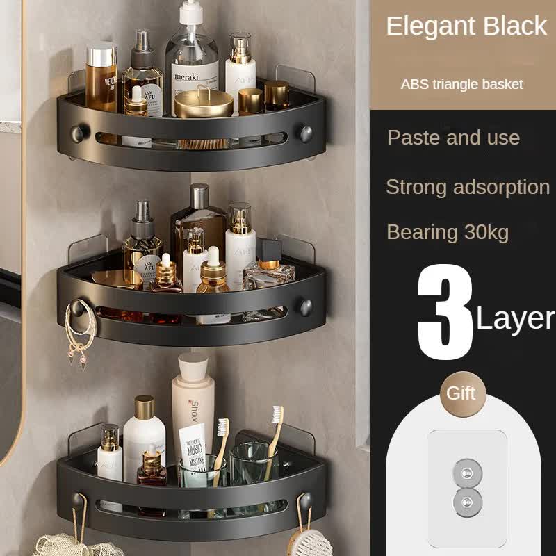 Three layers of elegant black Premium No-Drill Corner Shower Caddy - Thickened ABS Bathroom Storage Shelf with Hooks, Quick Wall Mount Organiser
