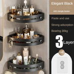 Three layers of elegant black Premium No-Drill Corner Shower Caddy - Thickened ABS Bathroom Storage Shelf with Hooks, Quick Wall Mount Organiser