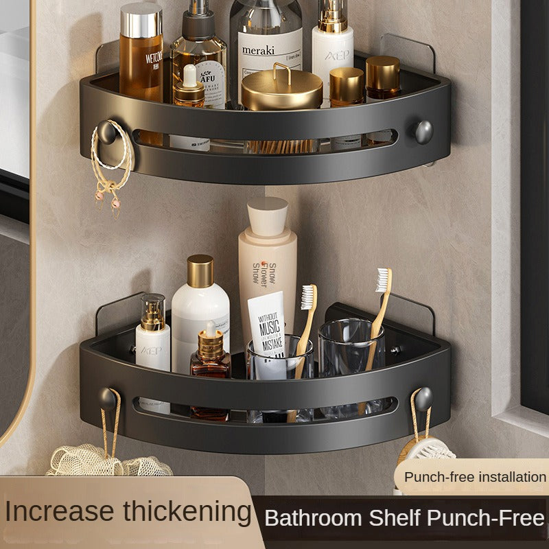 Three layers of elegant black Premium No-Drill Corner Shower Caddy - Thickened ABS Bathroom Storage Shelf with Hooks, Quick Wall Mount Organiser