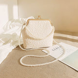 White Elegant Vintage Kiss-Lock Purse with Pearl Straps - Textured Frame Clutch Bag
