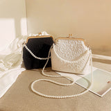 Black Elegant Vintage Kiss-Lock Purse with Pearl Straps - Textured Frame Clutch Bag - Front View