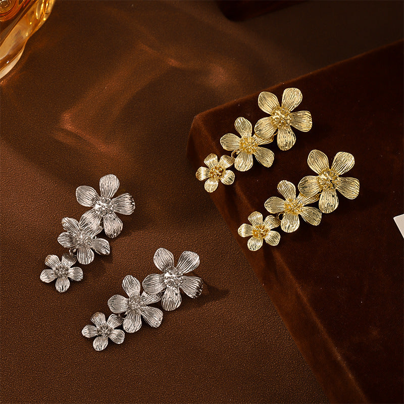 Gold Textured Cascading Floral Statement Drop Earrings for Women
