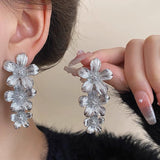 Sliver Textured Cascading Floral Statement Drop Earrings for Women - Front View