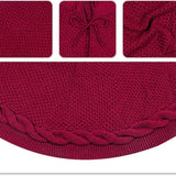 Red Luxury Knit Christmas Tree Skirt with Cable-Knit Border - Rustic Holiday Decor(62cm)