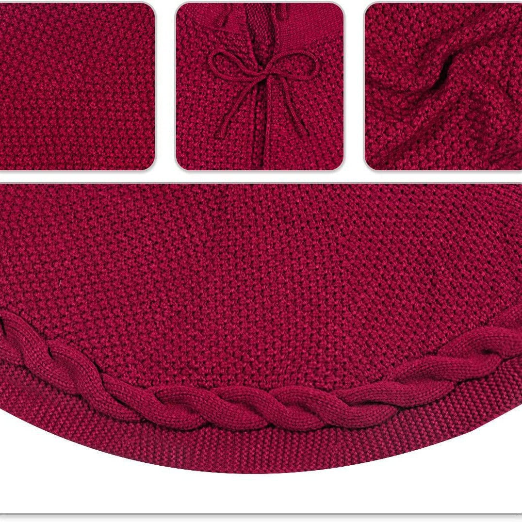 Red Luxury Knit Christmas Tree Skirt with Cable-Knit Border - Rustic Holiday Decor(122cm)