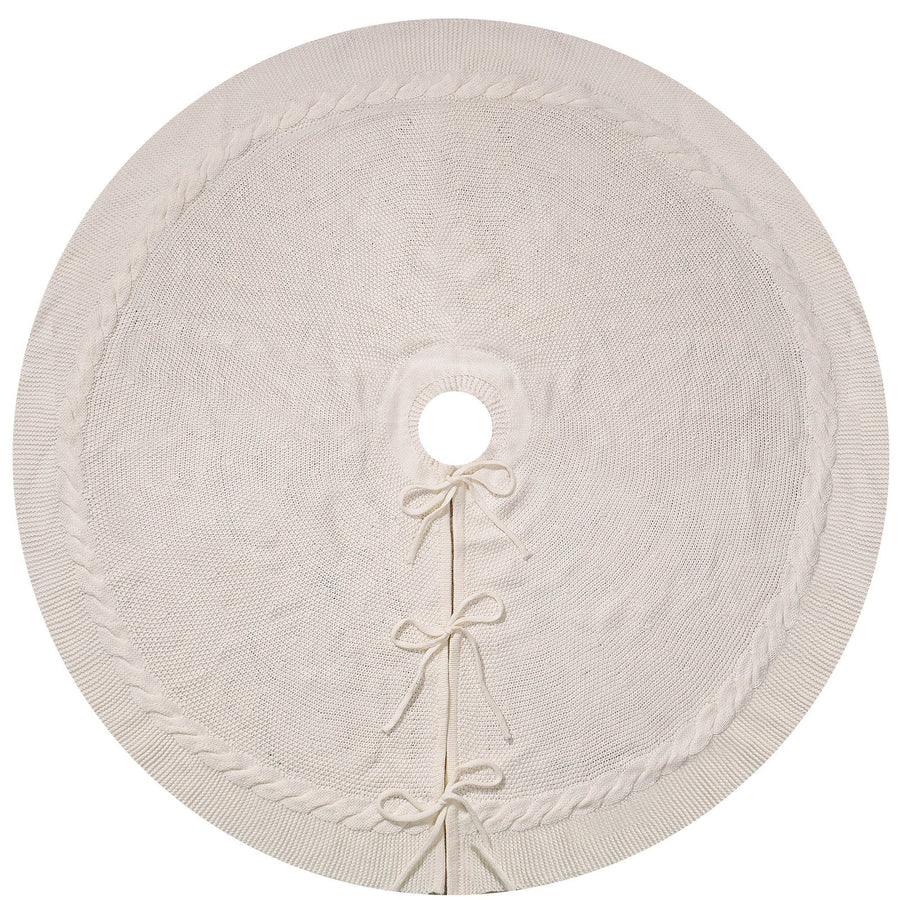 White Luxury Knit Christmas Tree Skirt with Cable-Knit Border - Rustic Holiday Decor(122cm)