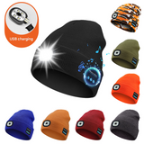 Red Wireless Bluetooth Beanie Hat with USB Rechargeable LED Headlight - Unisex Knit Cap for Running & Camping - Top-Down View