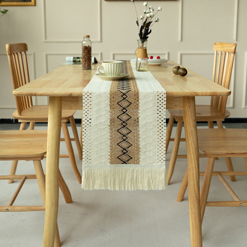2-PCS Rhombus Bohemian Woven Table Runner with Tassels - Rustic Farmhouse Decor for Dining & Coffee Tables