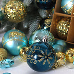 Gold and pink 44-Piece Assorted Christmas Baubles Set with Elegant Designs in Wooden Gift Box - 3-6cm Decorative Ornaments for Tree, Home & Holiday Display