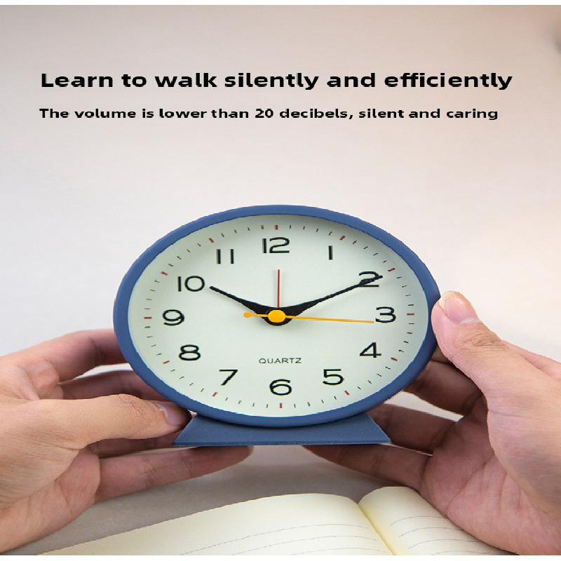 Blue Minimalist Silent Alarm Clock with Night Light - Non-Ticking Analogue Bedside & Desk Clock