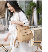 Stylish Women's PU Leather Backpack - Versatile Shoulder Bag with Multiple Pockets(Khaki) - Side View
