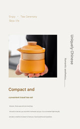 Portable Ceramic Travel Tea Set - One Pot Three Cups with Carrying Case, Elegant Frosted Finish(white) - Side View