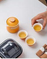 Portable Ceramic Travel Tea Set - One Pot Three Cups with Carrying Case, Elegant Frosted Finish(green) - Top-Down View