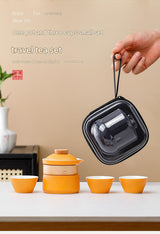 Portable Ceramic Travel Tea Set - One Pot Three Cups with Carrying Case, Elegant Frosted Finish(yellow) - Front View