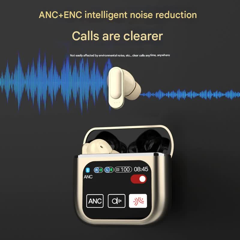 TWS Bluetooth Earbuds with 1.9 HD Touch Screen Case - ANC/ENC Noise Reduction(Black)
