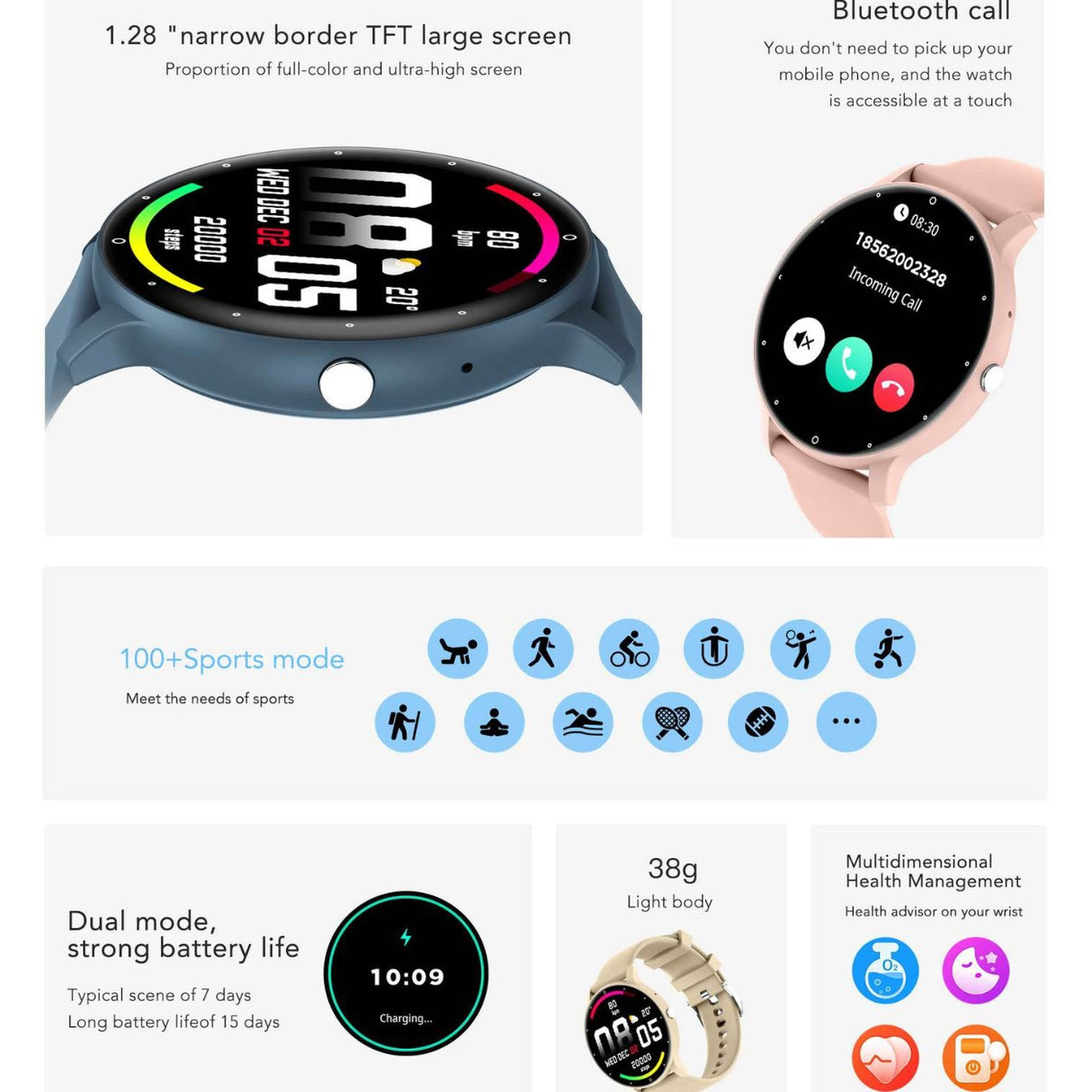 Feature Rich Smartwatch: 1.28 HD Display Bluetooth Calling Extensive Sports Tracking (blue)