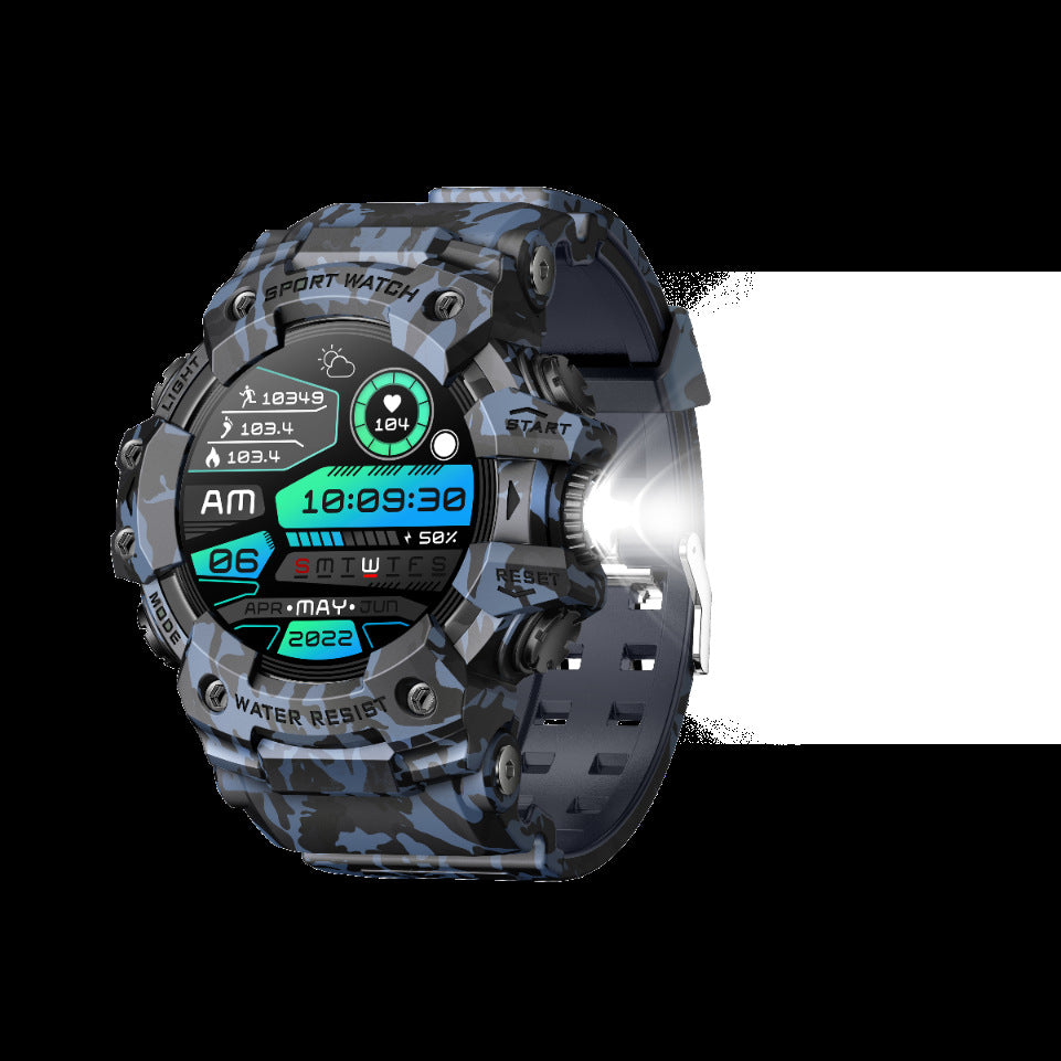 Rugged Outdoor Sport Smartwatch - HD Display, Compass, Flashlight, 100+ Sports Modes, Health Monitoring & Bluetooth Calls(Camouflage blue)
