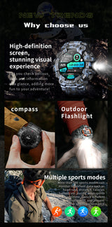 Rugged Outdoor Sport Smartwatch - HD Display, Compass, Flashlight, 100+ Sports Modes, Health Monitoring & Bluetooth Calls(Camouflage green) - Top-Down View
