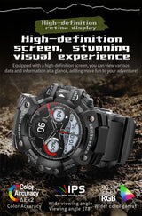 Rugged Outdoor Sport Smartwatch - HD Display, Compass, Flashlight, 100+ Sports Modes, Health Monitoring & Bluetooth Calls(Camouflage green) - 45-Degree Angle