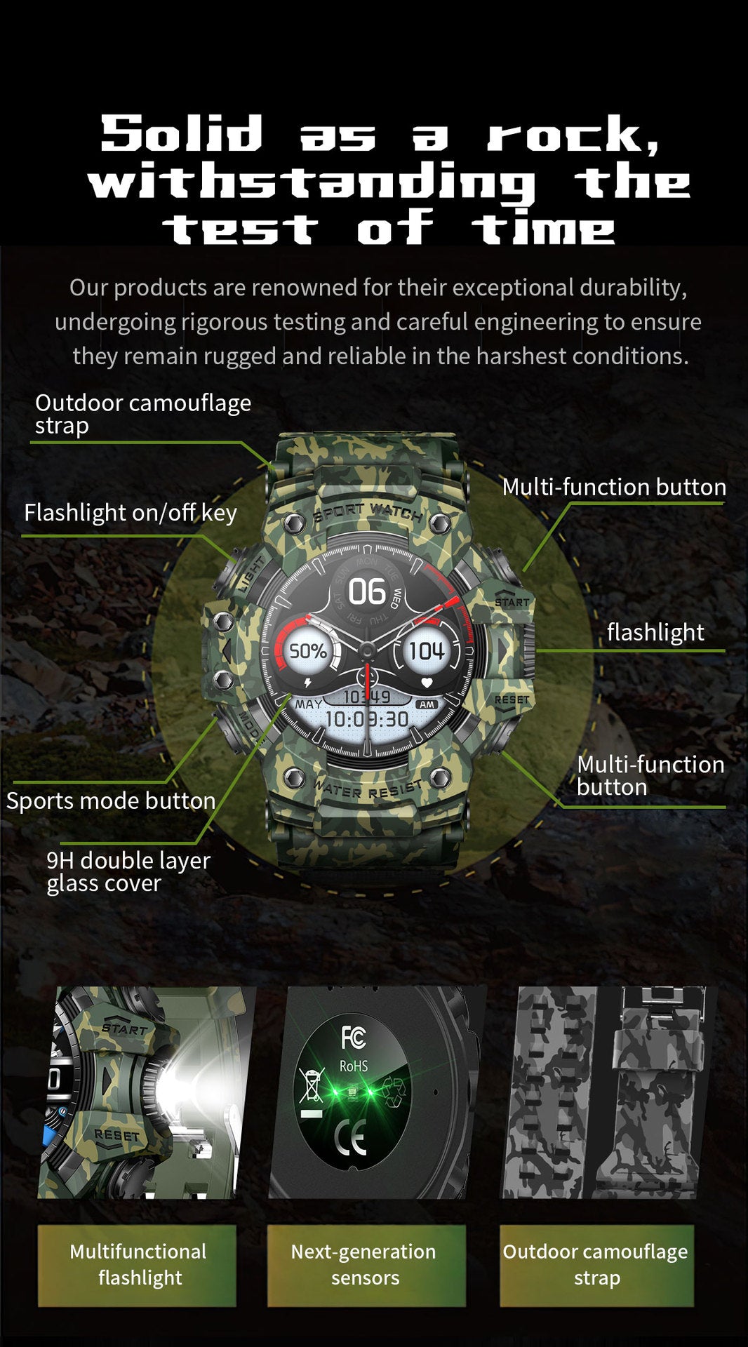 Rugged Outdoor Sport Smartwatch - HD Display, Compass, Flashlight, 100+ Sports Modes, Health Monitoring & Bluetooth Calls(Camouflage green)
