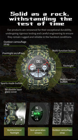 Rugged Outdoor Sport Smartwatch - HD Display, Compass, Flashlight, 100+ Sports Modes, Health Monitoring & Bluetooth Calls(Camouflage green) - Rear View