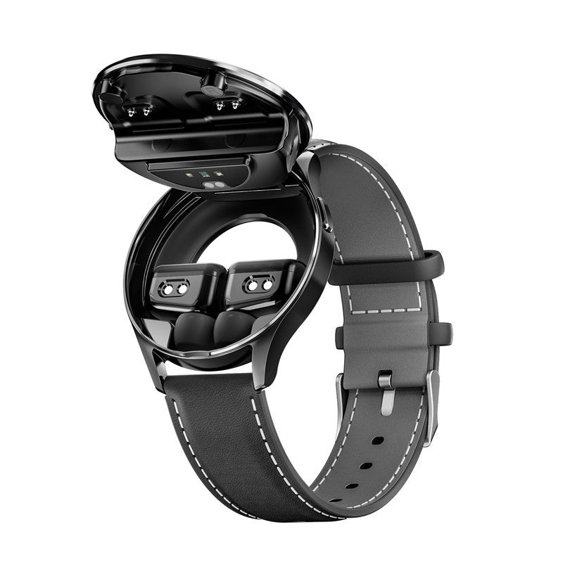 2-in-1 Smartwatch with Built-in TWS Earphones - IP67 Waterproof, Health Monitoring & CNC Metal Design(Black leather)