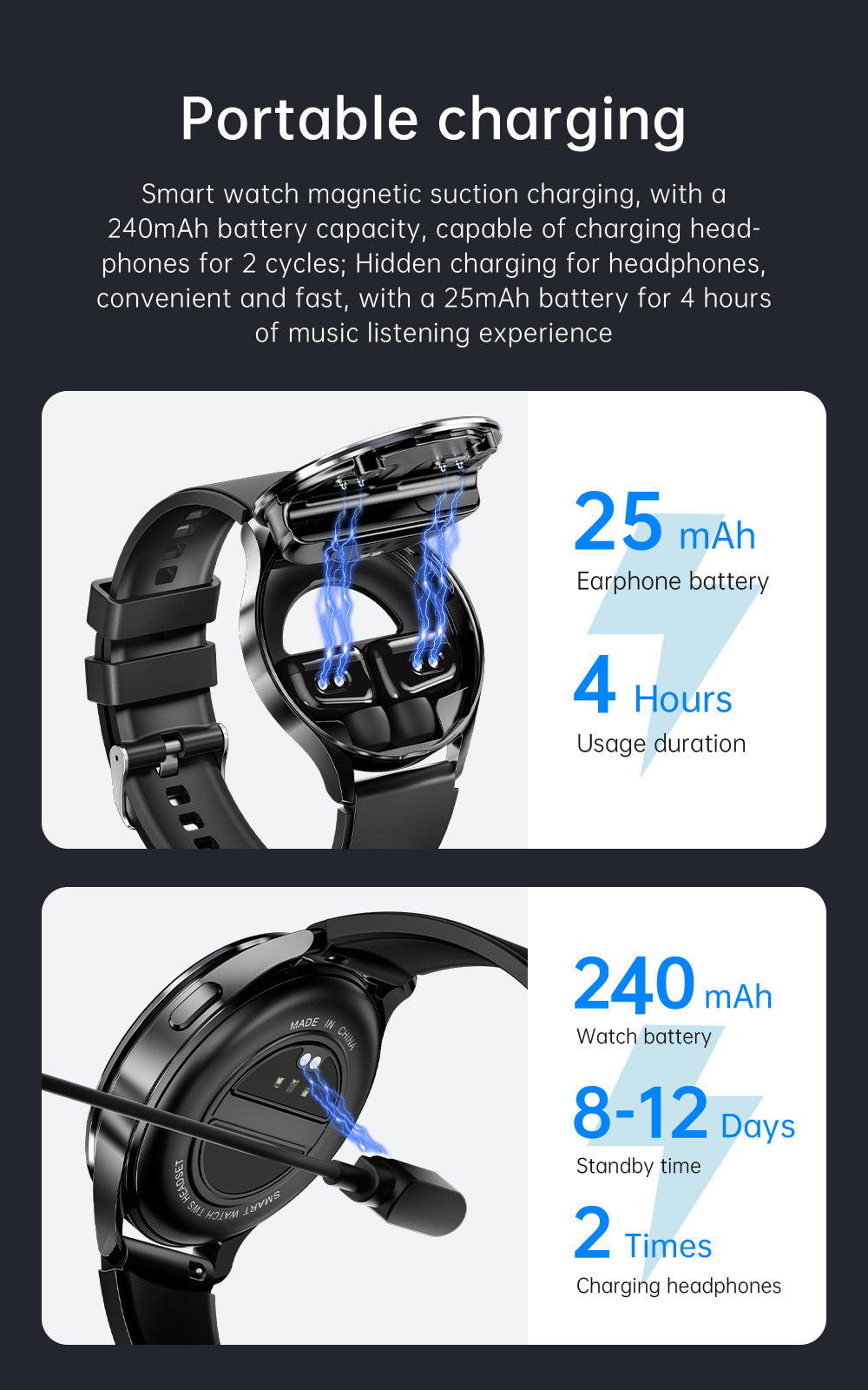 2-in-1 Smartwatch with Built-in TWS Earphones - IP67 Waterproof, Health Monitoring & CNC Metal Design(Black leather)