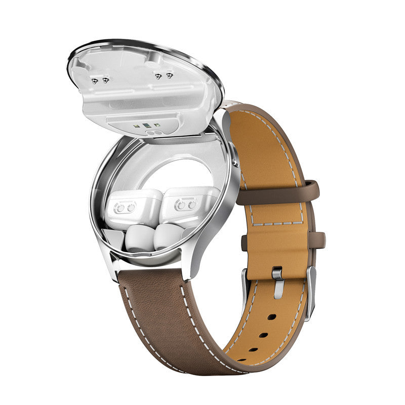 2-in-1 Smartwatch with Built-in TWS Earphones - IP67 Waterproof, Health Monitoring & CNC Metal Design(Green leather)