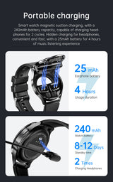 2-in-1 Smartwatch with Built-in TWS Earphones - IP67 Waterproof, Health Monitoring & CNC Metal Design(Black rubber) - Low Angle