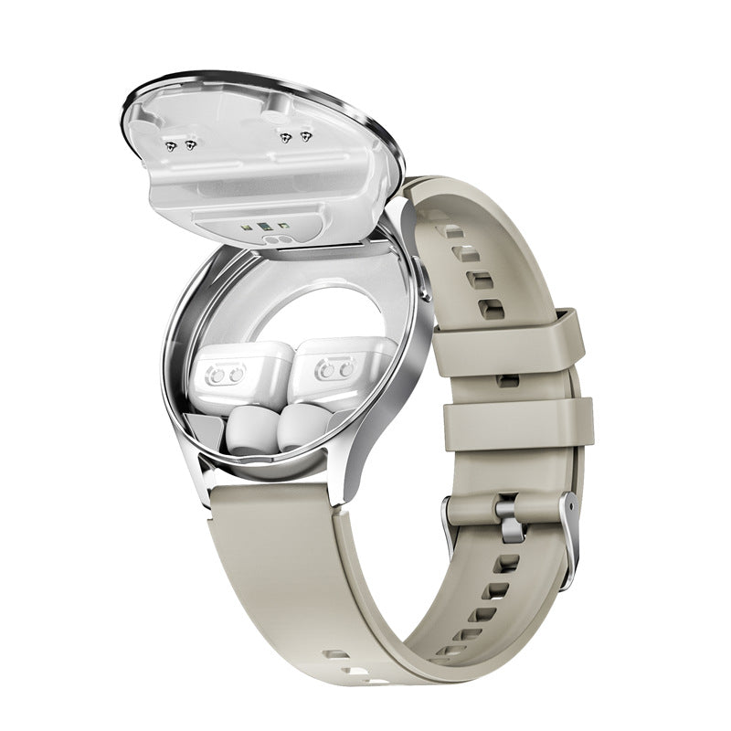 2-in-1 Smartwatch with Built-in TWS Earphones - IP67 Waterproof, Health Monitoring & CNC Metal Design(Silver rubber)