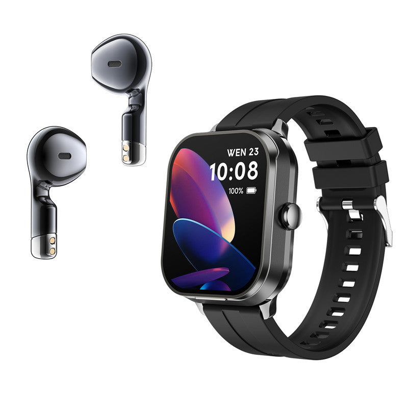 Smartwatch with Built-in TWS Earbuds & Silicone Sleeve - 2.01 HD Screen Health Monitoring Bluetooth Calls & Music(Black rubber)