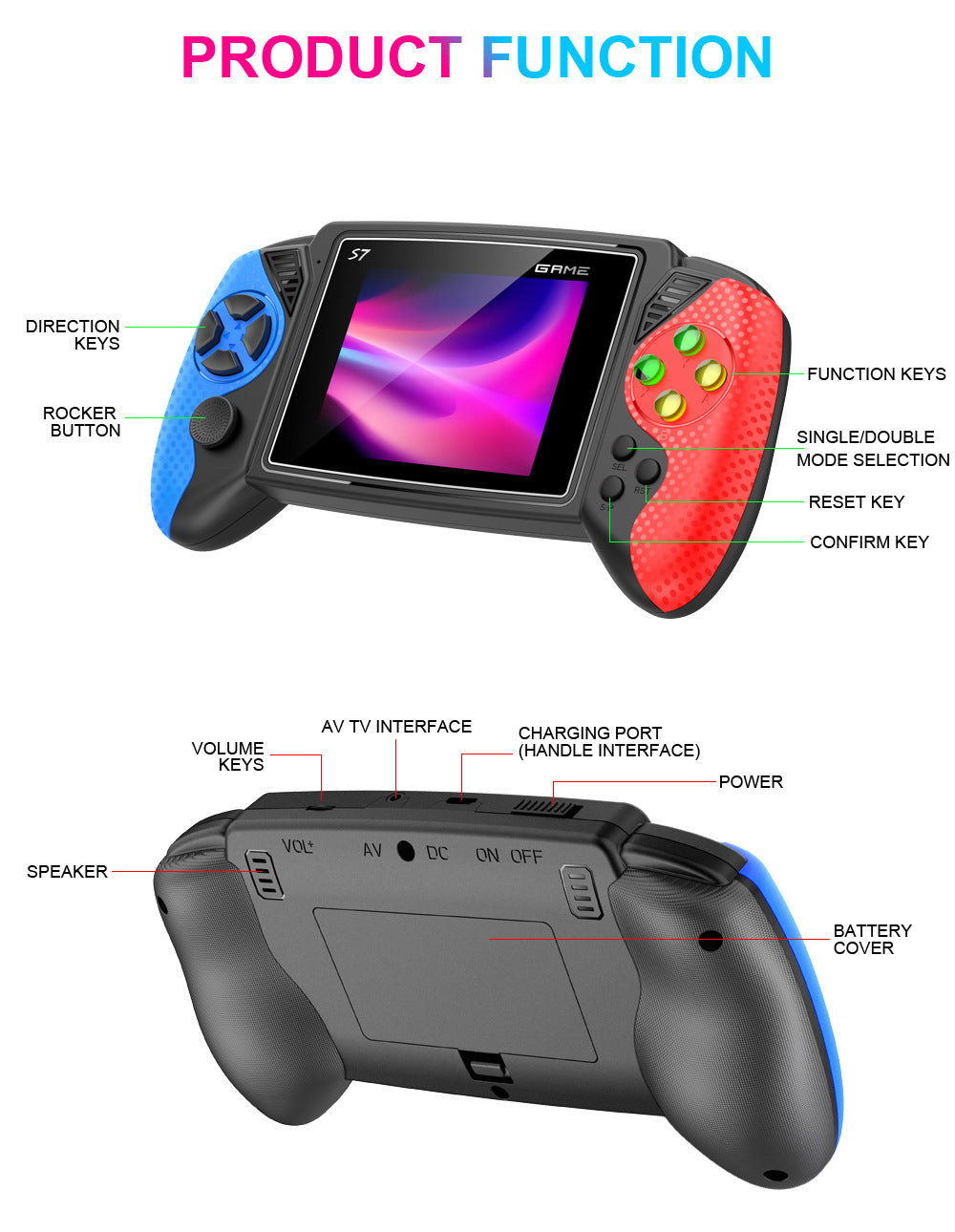 S7 Trendy Joystick Handheld Game Console - 620 Built-in Games, TV Output, Crystal Buttons & 2-Player Support(white)