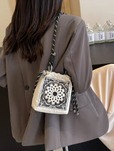 Chic Drawstring Bucket Bag with Intricate Print - Adjustable Rope Strap, Lightweight Fabric(Beige) - Top-Down View