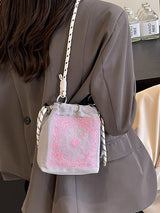 Chic Drawstring Bucket Bag with Intricate Print - Adjustable Rope Strap, Lightweight Fabric(Black) - Front View