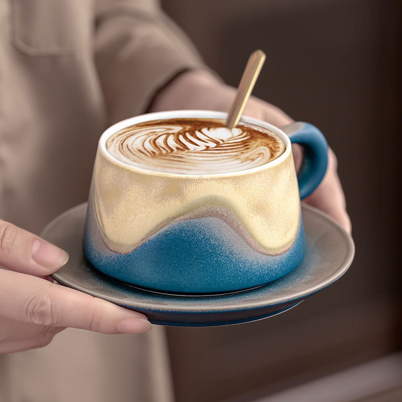 Artistic Ceramic Coffee Cup & Saucer Set with Spoon - Gradient Glaze, 240ml, Gift Boxed(pink)