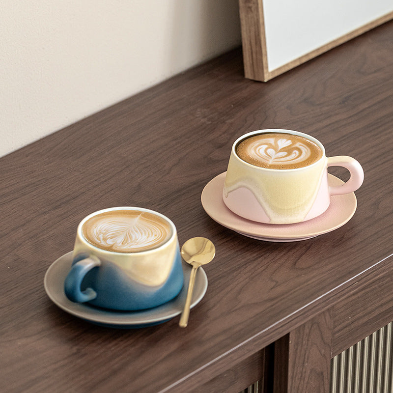 Artistic Ceramic Coffee Cup & Saucer Set with Spoon - Gradient Glaze, 240ml, Gift Boxed(pink)