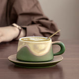 Artistic Ceramic Coffee Cup & Saucer Set with Spoon - Gradient Glaze, 240ml, Gift Boxed(Green) - Side View