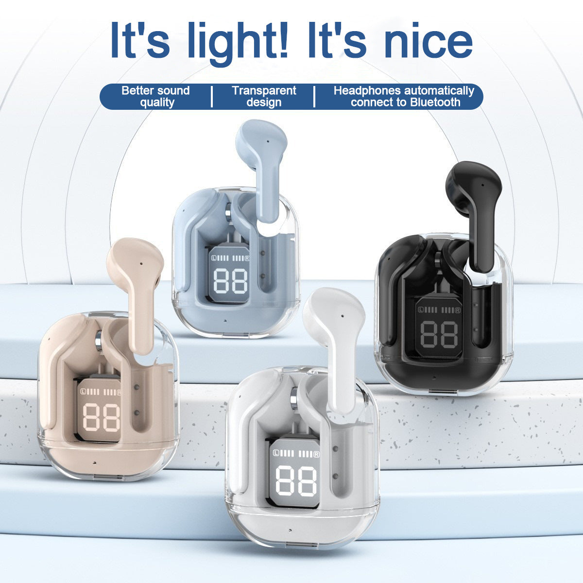 Transparent Capsule TWS Earbuds with LED Digital Display - Bluetooth 5.3, IPX4 Waterproof, Type-C Charging(black)