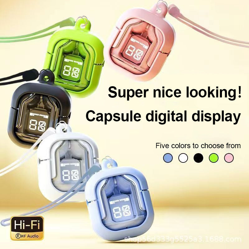 Transparent Capsule TWS Earbuds with LED Digital Display - Bluetooth 5.3, IPX4 Waterproof, Type-C Charging(black)