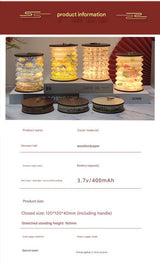 Foldable Telescopic Lantern Lamp - 3 Light Modes, USB Rechargeable, Wood/Paper Finish(Lotus Painting) - Side View